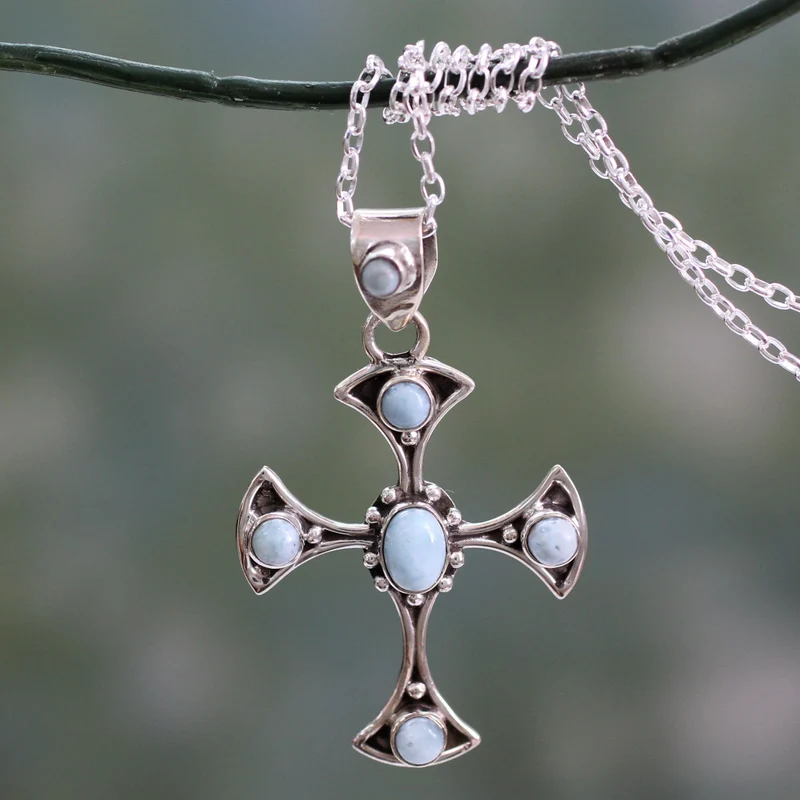 Larimar und Sterling Silber Kreuzanhänger Halskette 925 Sterling Silber Alltagsschmuck Anhänger für Halskette Perfektes Geschenk für sie