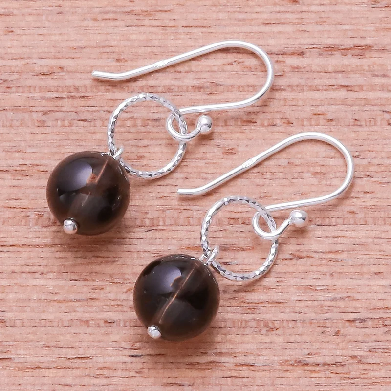 Runde Rauchquarz-Ohrhänger für Damen, Ohrringe aus massivem Silber mit Stein, handgefertigt, Boho, zarte Ohrringe, Geschenk für sie