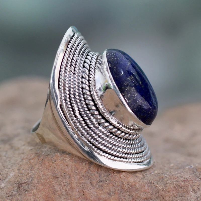 Brede Band Ring 925 Sterling Zilveren Ring Echte Lapis Lazuli Ring Handgemaakte Ring Statement Ring Blauwe Edelsteen Ring Minimalistische Ring Cadeau Voor Haar