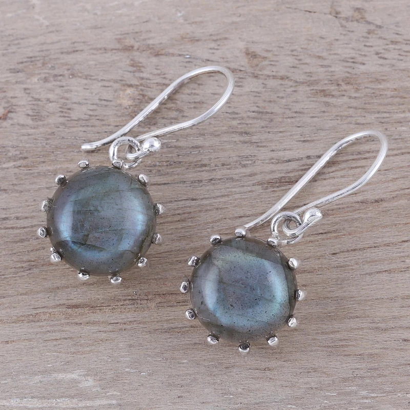 Runde Ohrhänger aus Sterlingsilber mit Labradorit, Edelstein-Ohrringe, Labradorit-Schmuck Geschenkidee
