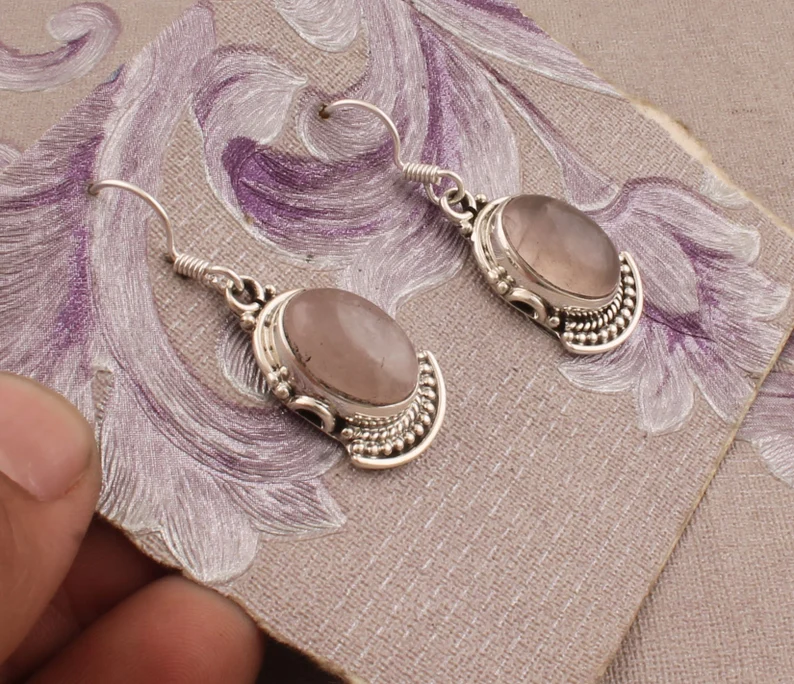 Rosenquarz Edelstein Ohrring 925 Sterling Silber Ohrringe Boho Rosa Oval Edelstein Geburtstag Geschenk Ohrring für Schwester Hochzeitsgeschenk