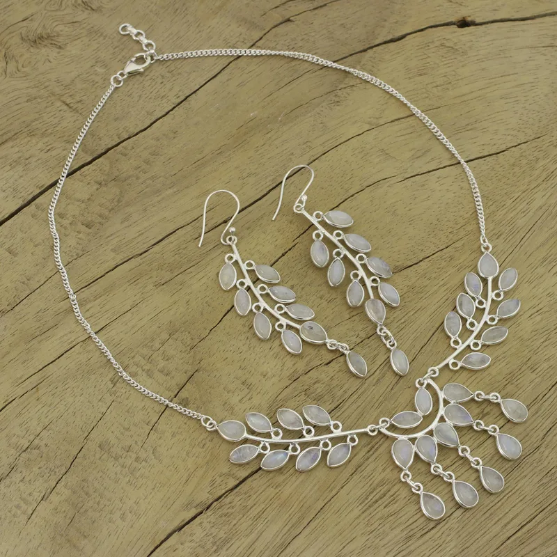 Blatt-Design Regenbogen-Mondstein-Anhänger- & Ohrring-Schmuckset 925 Sterling Silber Handgefertigter Bohemian-Schmuck Jubiläumsgeschenk für sie