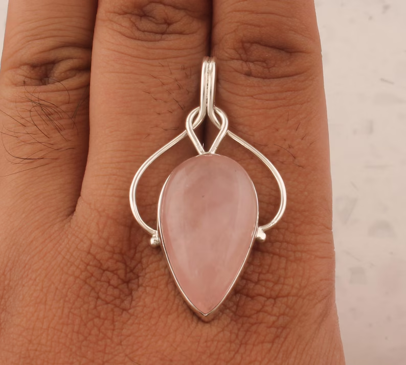 Massiver 925er Sterlingsilber Rosenquarz Halsketten-Anhänger für Frauen Handgemachter Silber Boho Oval Edelstein-Anhänger Geschenkidee für Mutter Schmuck