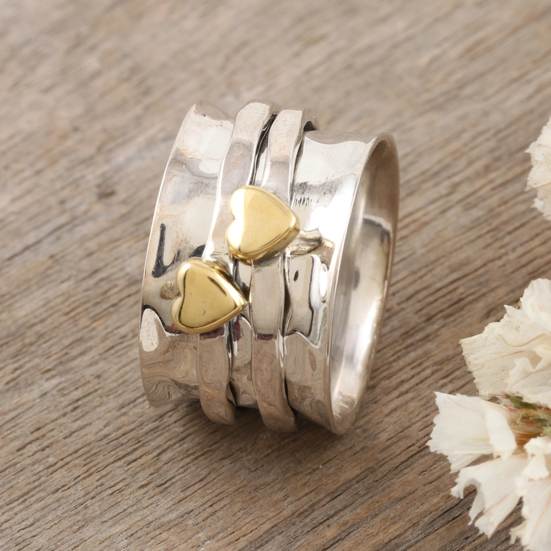 Meditations-Spinner-Ring aus Sterlingsilber und Messing, handgefertigt, Designer-Ring aus 925er Sterlingsilber mit zwei Herzen