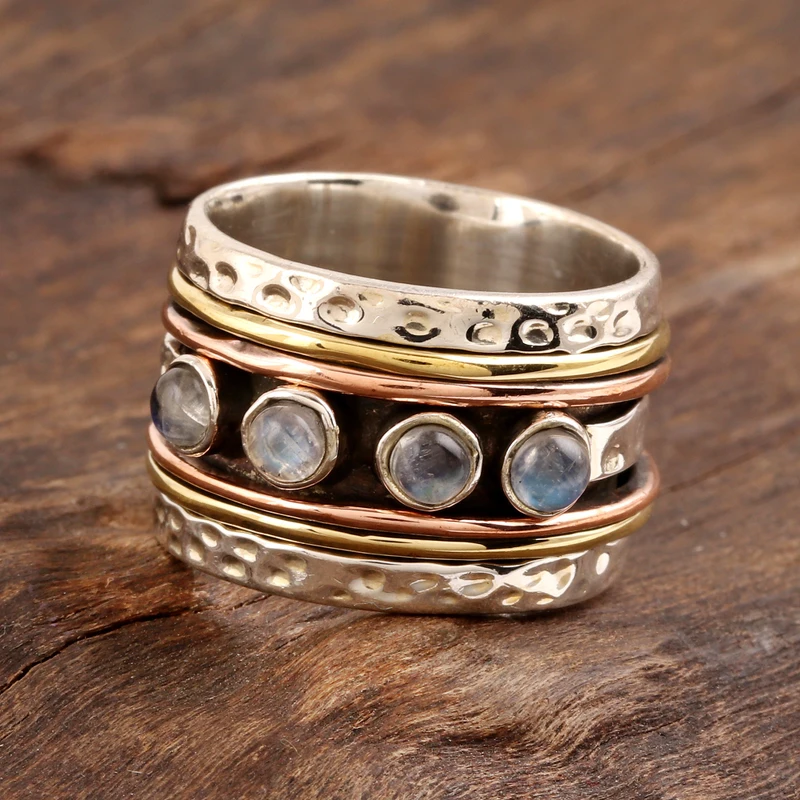 Natürlicher Regenbogen-Mondstein-Spinnerring aus Indien, handgefertigter Ring, Silberschmuck, böhmischer zarter Ring, Geschenk für sie, Geburtstagsgeschenk