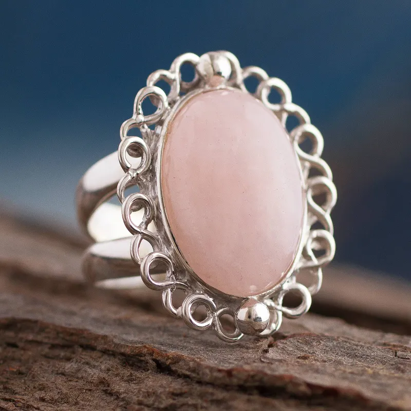 Pink Blossom Cocktailring mit Rosenquarz 925 Sterling Silber Statement Ring Naturstein Ring Geschenk für sie
