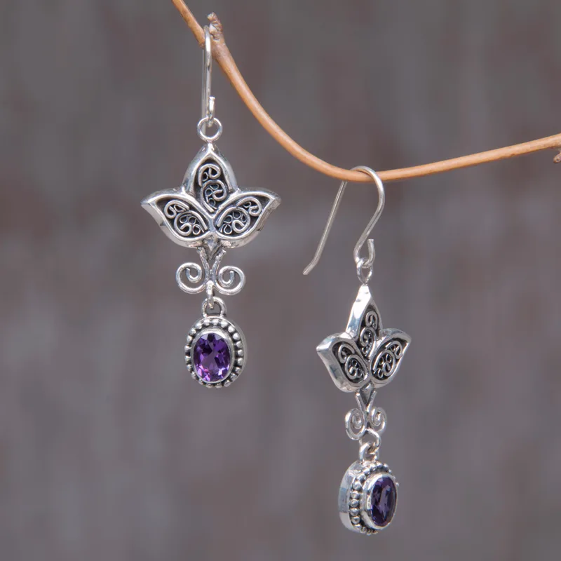 Blattdesign ovale Amethyst-Edelstein-Ohrringe 925 Sterling Silber handgemachte Ohrringe Geschenkartikel Hochzeitsschmuck Geschenk für Sie