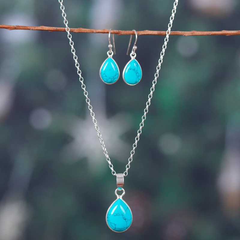 Türkise Halskette und Ohrringe Schmuckset 925 Sterling Silber Anhänger Halskette Böhmischer Schmuck Geschenk für sie