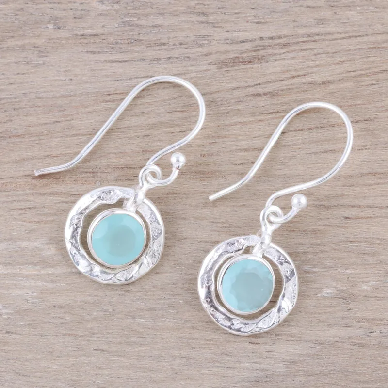 Runde Aqua-Chalcedon und Sterling Silber Ohrhänger 925er Massivsilber Handgemachter Boho Feiner Schmuck Geschenk Für Sie