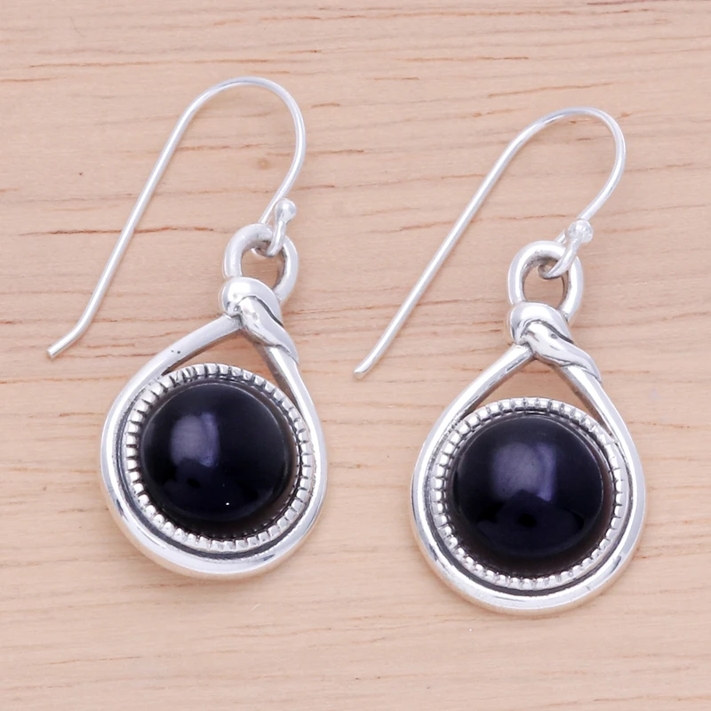 Knotenmuster Schwarzer Onyx Hängeohrringe 925 Sterling Silber Damen Handgemachte Ohrringe Geschenke für Mama & Sie