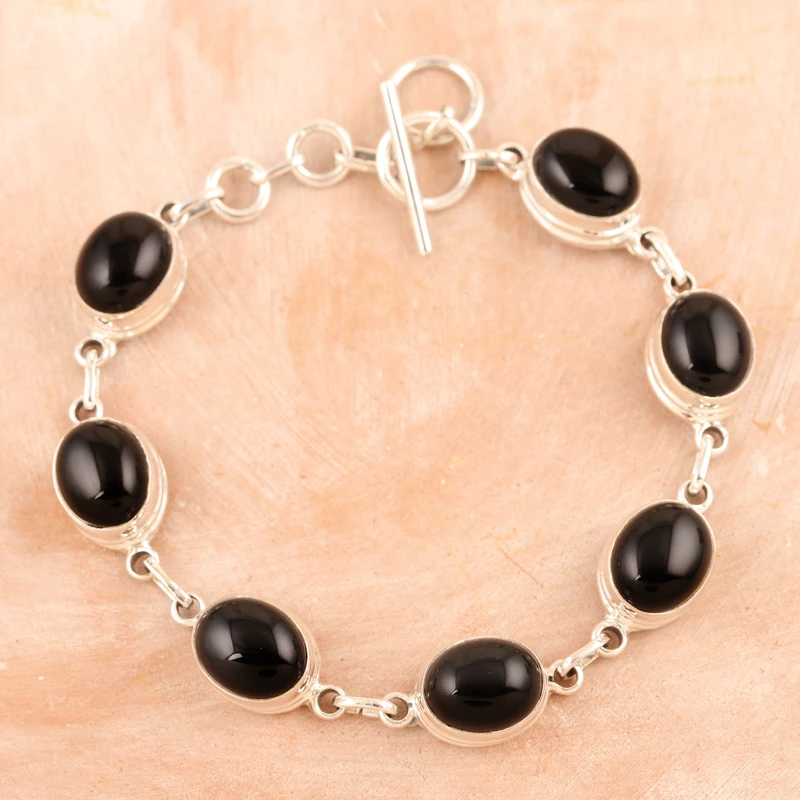 Armband aus schwarzem Onyx mit Gliedern 925er Sterling Silber Armband Böhmischer Schmuck Charm-Schmuck Valentinstagsgeschenk für sie