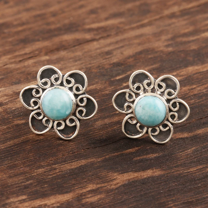 Blumenknopf Larimar Ohrstecker 925 Sterling Silber Ohrstecker Edelsteinohrringe Handgemachter böhmischer Schmuck Geschenk für Sie