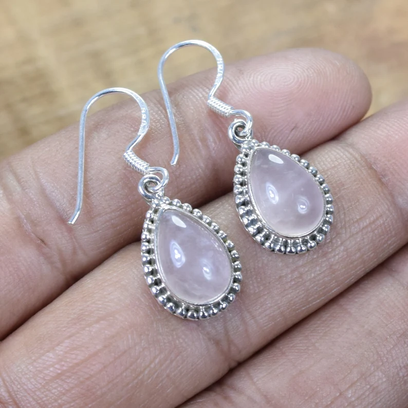 Rosa Rosenquarz 925 Sterling Silber Natürlicher Edelstein Schmuck Januar Geburtsstein Rosen-Ohrring Designer-Ohrring Geschenk zum Geburtstag