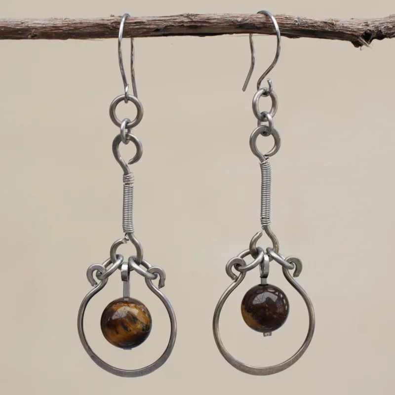 Runde Tigerauge-Tropfen-Ohrhänger aus 925 Sterling Silber Handgemachte Edelstein-Silberohrringe Geschenke zum Muttertag Alltagsschmuck Geschenk für Sie