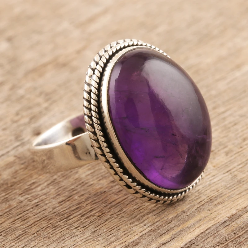 Oval Amethyst Cabochon Cocktail Ring 925 Sterling Silver Gemstone Ring Handmade Ring Boho Silver Ring Everyday Ring Gift For Wife