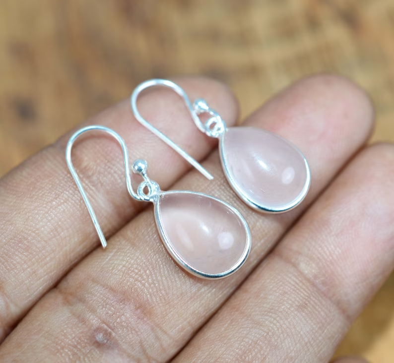 Teardrop Rosenquarz Ohrringe aus Sterlingsilber Ohrringe für Frauen Handgemachter Boho-Schmuck Geschenk für Sie