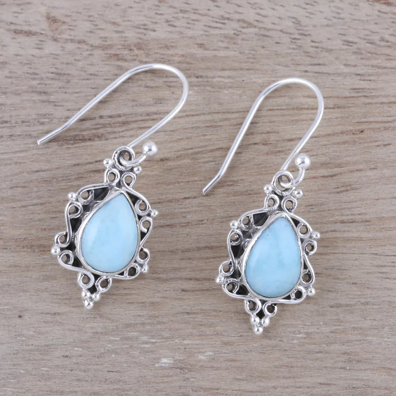 Larimar-Tropfen-Ohrringe mit Verzierungen aus Sterlingsilber – Edelstein-Ohrringe, handgefertigt, Boho-Ohrringe, Geschenk für sie