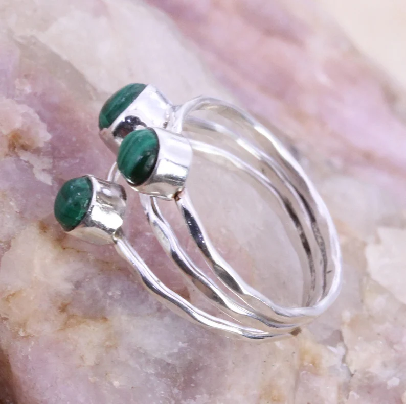 925 Sterling Silber Ring Malachit Ring Damen Ringe Band Unisex Edelstein Ring Breiter Bandring