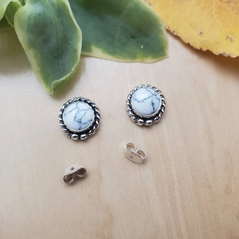 So Cute Handmade Silver Studs Earrings Handcrafted Stud Earrings Bohemian Minimalistic Howlite Jewelry 925 Sterling Silver Gift For Her