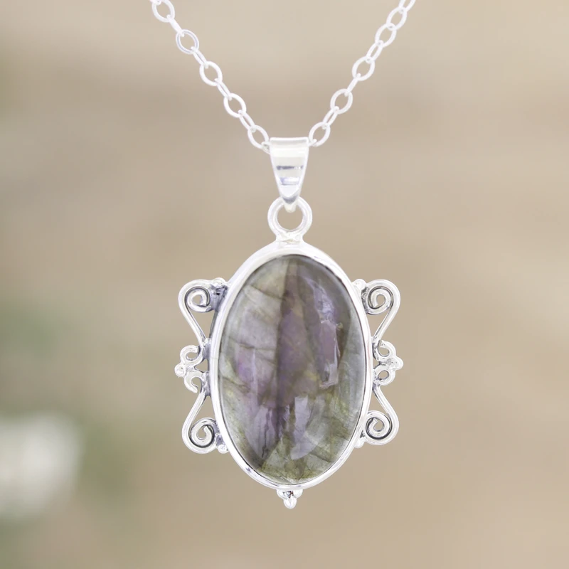 925 Sterlingsilber Anhänger Halskette mit ovalem Labradoritstein Boho Zierlicher Labradorit Schmuck Geschenk für Sie