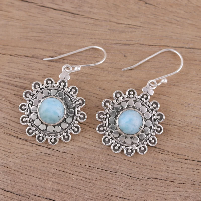 Blumen-See-förmige Larimar-Ohrhänger 925 Sterling Silber Ohrringe Edelstein-Ohrringe Handgemachter Schmuck Ohrringe Larimar-Schmuck Geschenk-Artikel