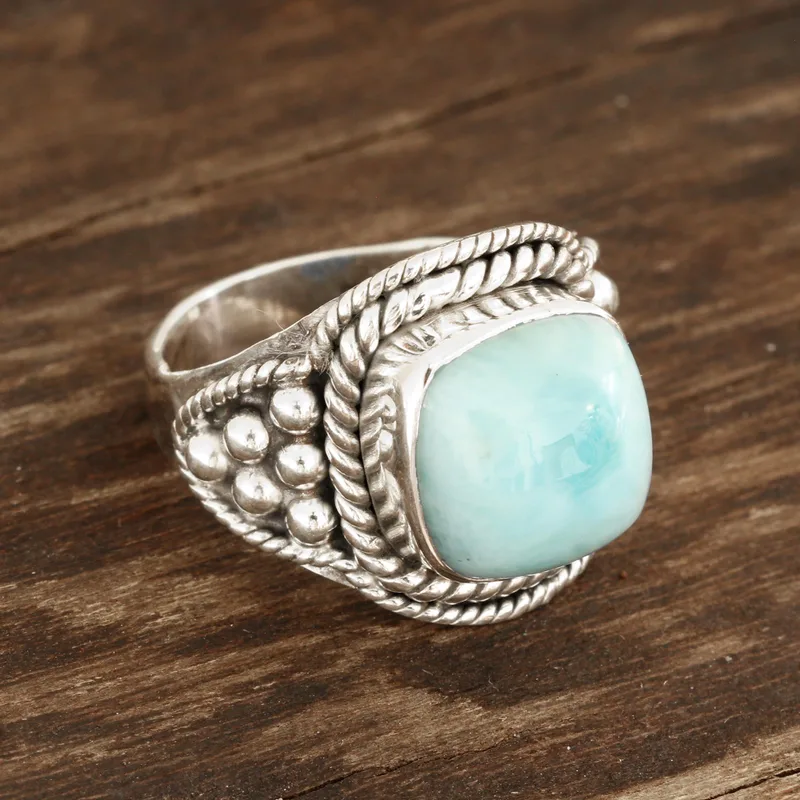 Himmelblauer Larimar Cocktailring aus Indien 925er Sterlingsilber Ring Zarter Ring Edelsteinring Damenring Geschenk für sie