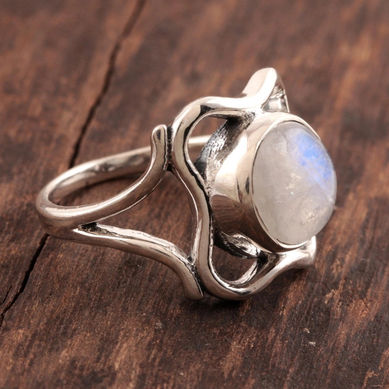 Geschwungener Regenbogen-Mondstein-Ring 925 Sterling Silber Cocktailring Handgemachtes Geschenk für Sie