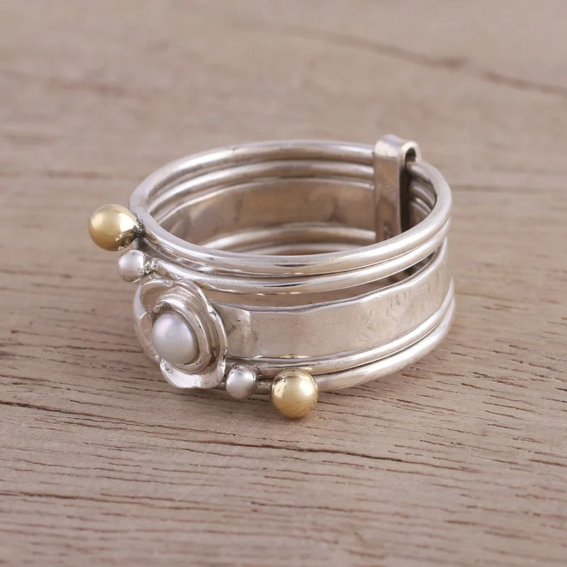Zuchtperle und Sterlingsilber Meditations-Spinner-Ring Handgemachter Ring Silberschmuck Böhmischer zierlicher Ring Geschenk für Sie