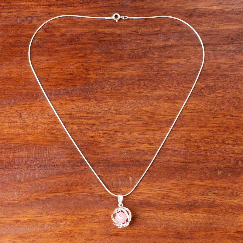 Rosa Energiekugel 925 Sterling Silber Anhänger Halskette mit Rosenquarz Halskette für Damen Handgemachte Boho Halsketten Geschenke für Sie