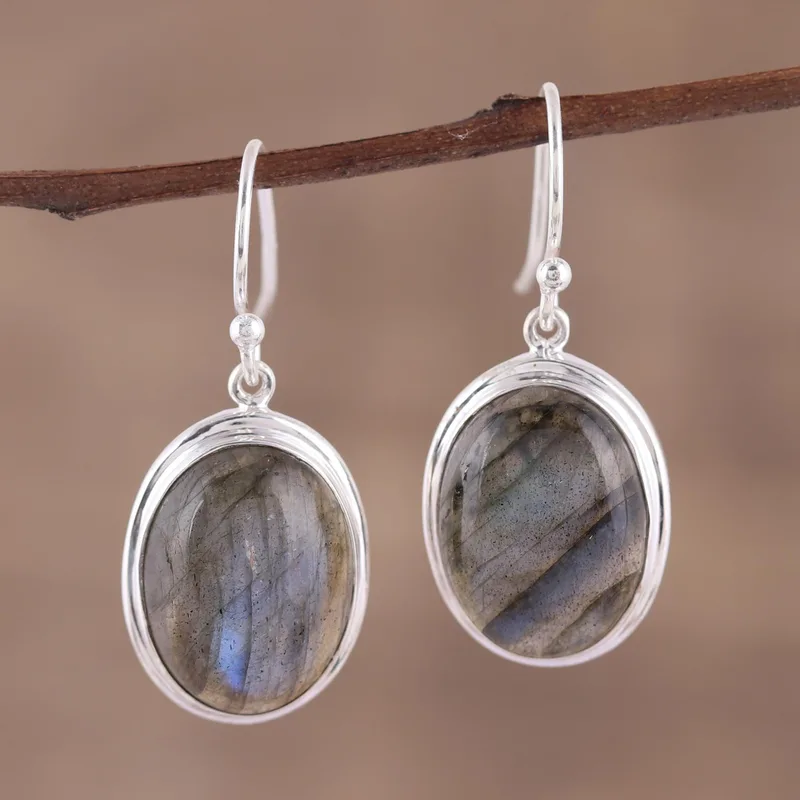 Cabochon-Labradorit-Ohrhänger aus 925er Sterlingsilber, blaue Edelstein-Ohrhänger, Labradorit-Schmuck