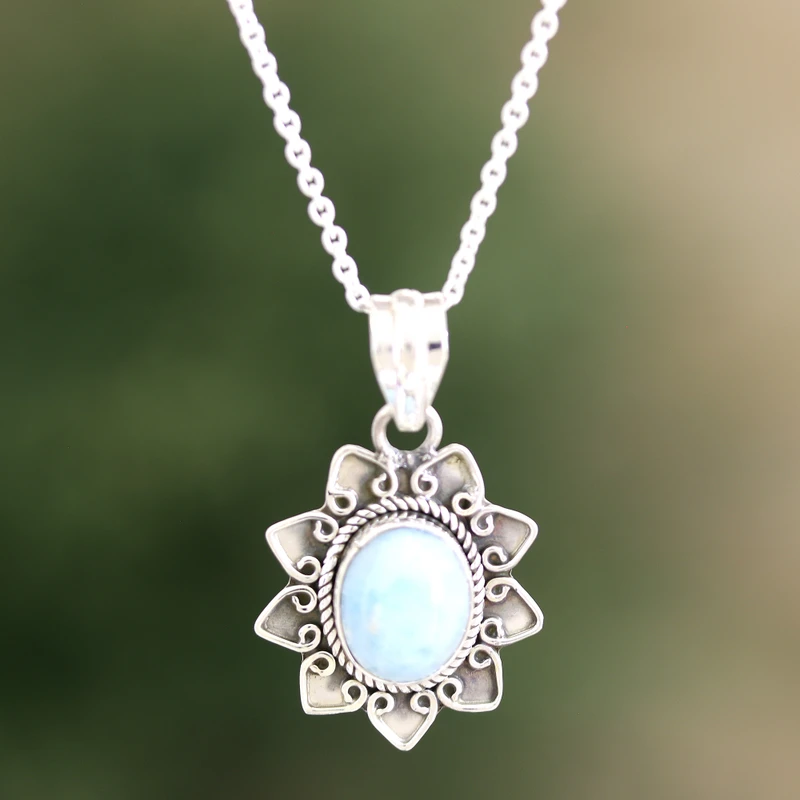 Larimar-Blumenmotiv-Anhänger-Halskette, 925er Sterlingsilber, alltagstauglicher Anhänger für Halskette, perfektes Geschenk für sie