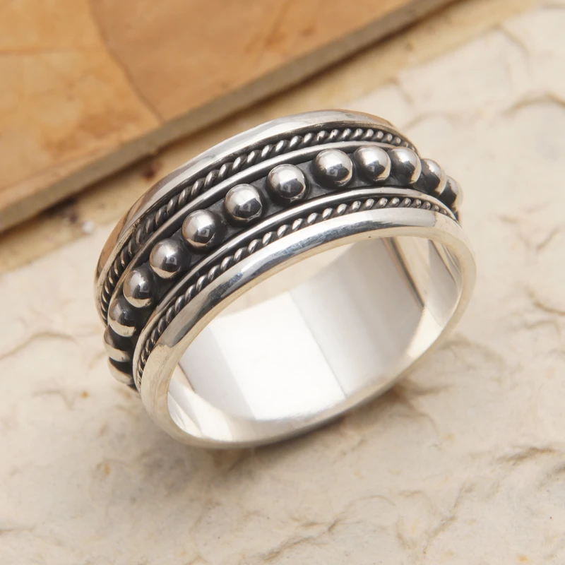 Klassieke Sterling Zilveren Spinner Ring met Stippen Patroon Handgemaakte Ring Zilveren Sieraden Boheemse Fijnzinnige Ring Cadeau Voor Haar