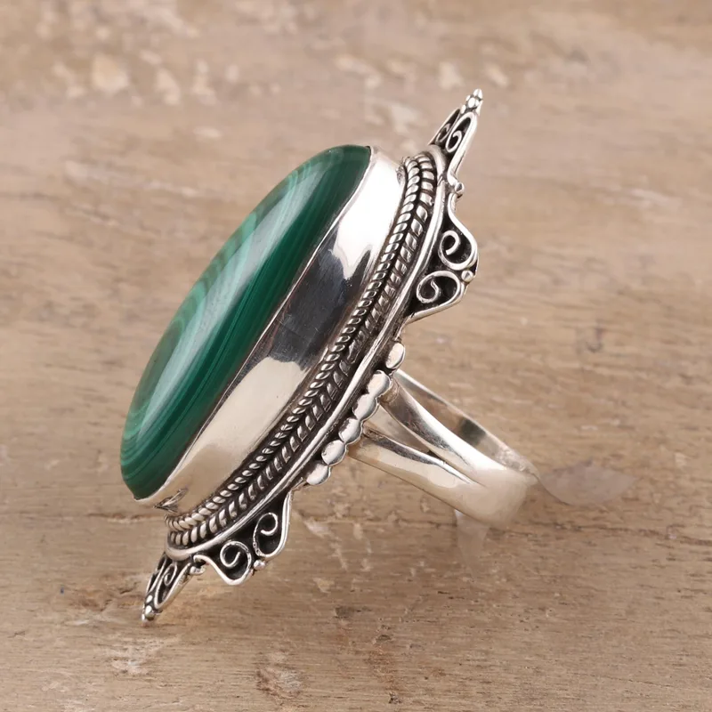 Oval Green Malachite Cocktail Ring Crafted Natural Green Gemstone Ring Handmade Bohemian Jewelry Valentine Gift For Her Birthday Gift