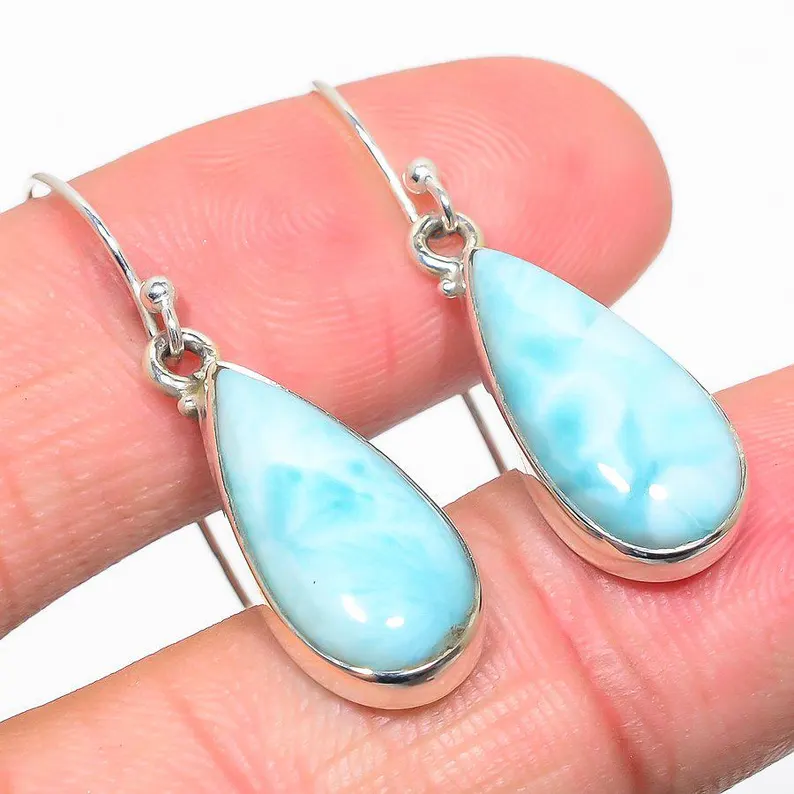 Natürliche Larimar Ohrringe 925 Sterling Silber Ohrringe Tropfen Edelstein Ohrringe Hängende Ohrringe Handgemachter Schmuck Geschenk Für die Liebe