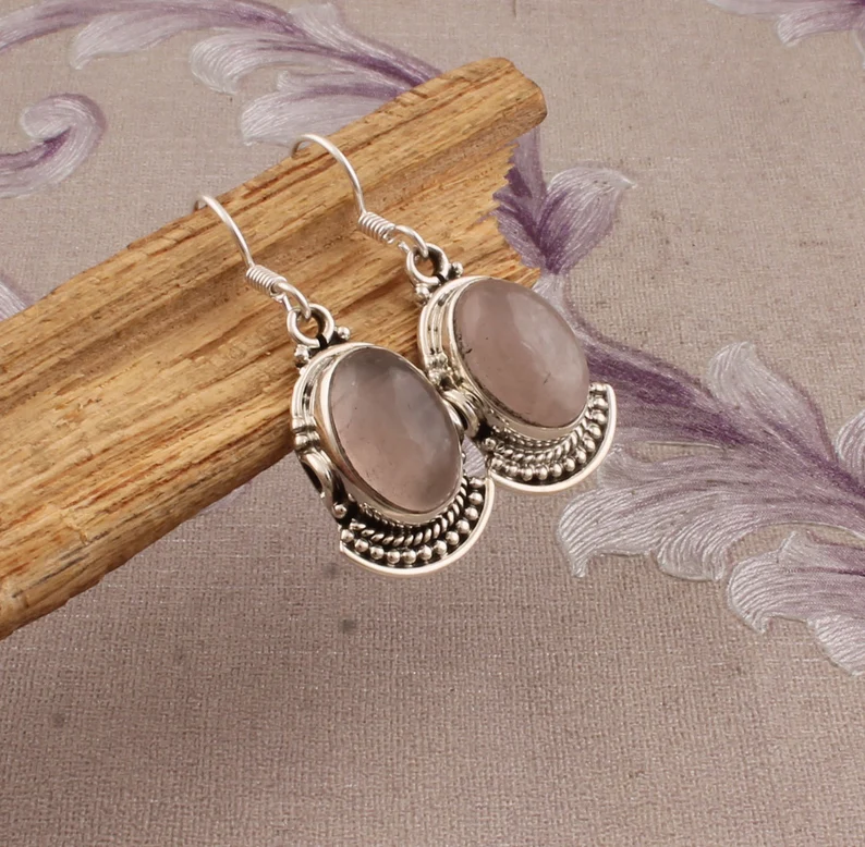 Rosenquarz Edelstein Ohrring 925 Sterling Silber Ohrringe Boho Rosa Oval Edelstein Geburtstag Geschenk Ohrring für Schwester Hochzeitsgeschenk