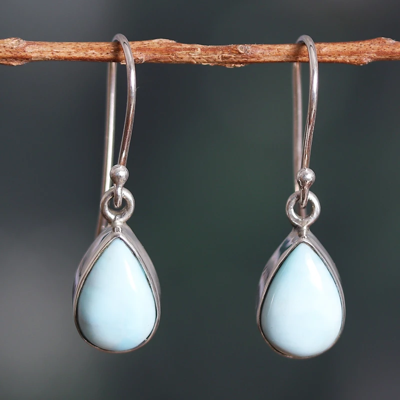 Ohrringe in Tropfenform aus natürlichem Larimar, 925er Sterlingsilber, Edelstein-Ohrringe, handgefertigt, Hochzeits-Ohrringe für Frauen, Geschenk für sie
