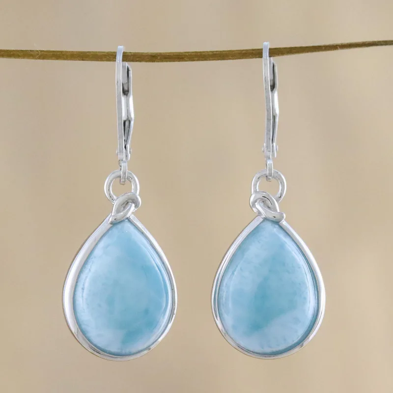 Designer Ohrhänger aus Larimar und Sterlingsilber, 925er Sterling Silber Edelstein-Ohrringe, handgefertigt für Damen, Hochzeitsgeschenk