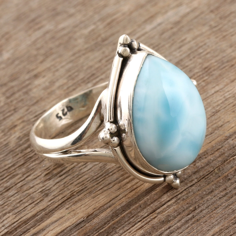 Birnenförmiger Larimar und Cocktailring aus Sterlingsilber, handgefertigtes Design, 925er Sterlingsilber, Geschenk für sie und Mama