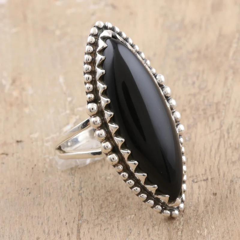 Marquise-Lünette Schwarzer Onyx Cabochon Cocktailring 925 Sterling Silber Statement Ring Handgefertigter Ring Damen Silberring Geschenk für Sie
