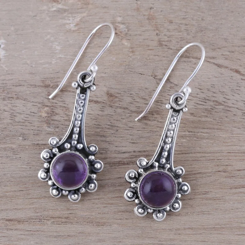 Amethyst- und Sterlingsilber-Ohrhänger aus Indien, handgefertigte Ohrringe, Geschenkidee, Geburtstagsgeschenk, böhmischer Schmuck, Geschenk für sie