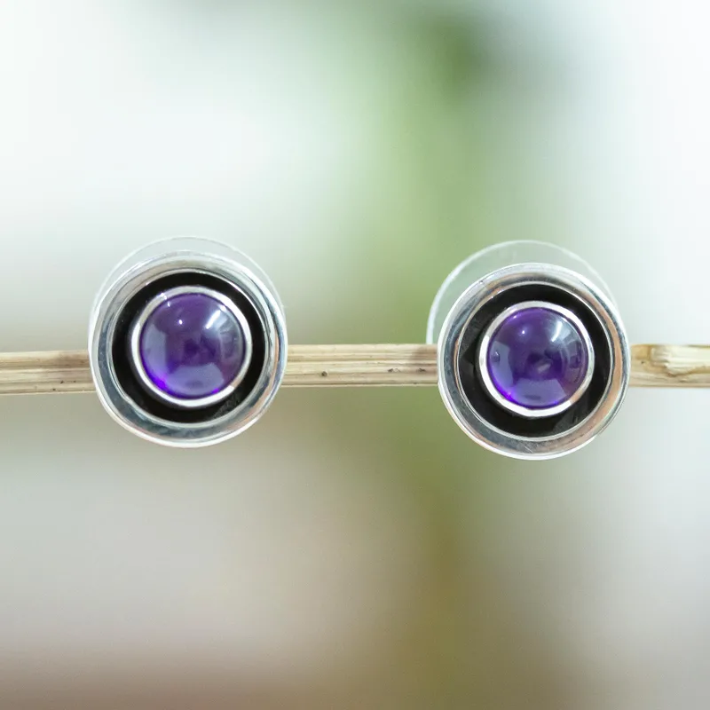 Handgefertigte Amethyst-Ohrstecker aus 925er Sterlingsilber, Alltags-Ohrringe, handgemachte böhmische Ohrringe, Geschenk für sie