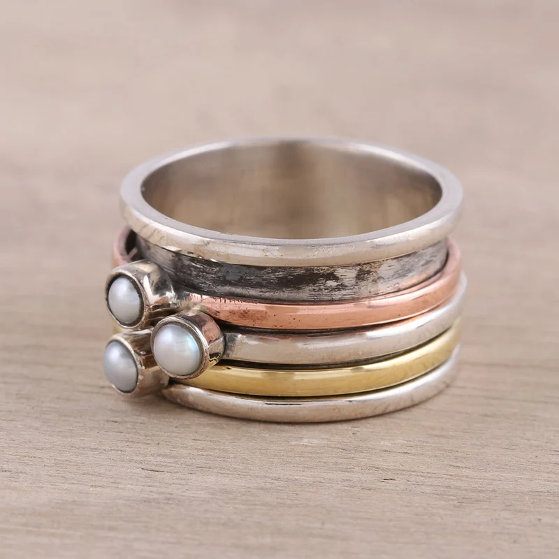 Zuchtperlen- und Metall-Trio-Meditations-Spinner-Ring Handgemachter Ring Silberschmuck Böhmischer zierlicher Ring Geschenk für sie Geburtstagsgeschenk