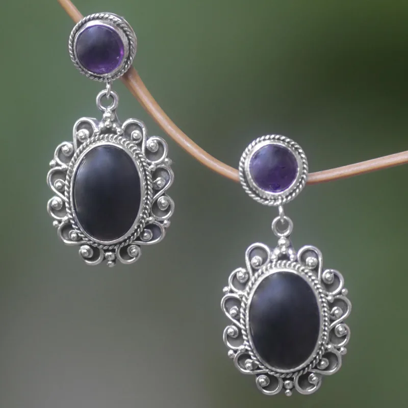 Amethyst- und Onyx-Ohrringe, 925er Sterlingsilber, handgefertigte Ohrringe, Geschenkidee, Geburtstagsgeschenk für sie