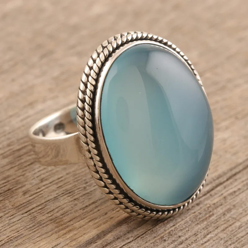 Aqua Chalcedon Cocktailring 925 Sterling Silber Boho Ring März Geburtsstein Ring Blauer ovaler Edelstein Handgemachter Statement Silberring