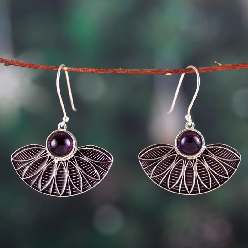 Handbemalte Amethyst-Ohrhänger aus Sterlingsilber, handgemachte Ohrringe, Geschenk, Geburtstagsgeschenk für sie