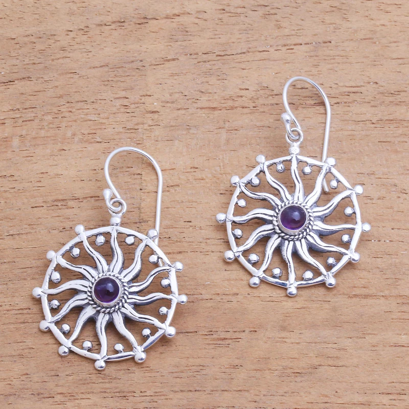 Sonnen-Design Amethyst Ohrringe Hängeohrringe 925 Sterling Silber Handgemachte Ohrringe Geschenkartikel Geburtstagsgeschenk