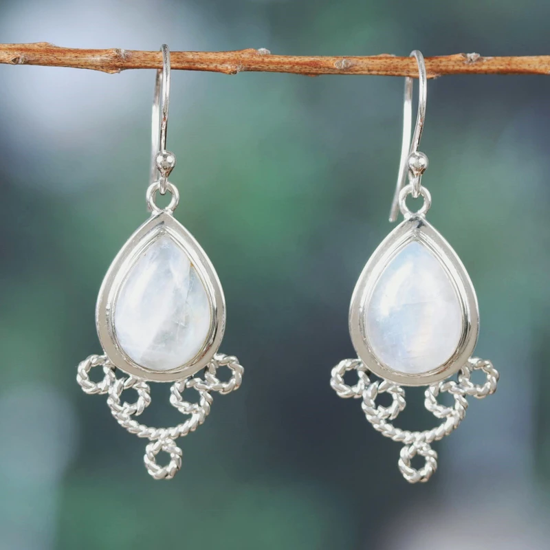 Regenbogen-Mondstein-Ohrringe 925 Sterling Silber Ohrring Handgemachter Birnen-Edelstein-Ohrring Geschenk für sie Böhmischer Schmuck Geschenk Artikel