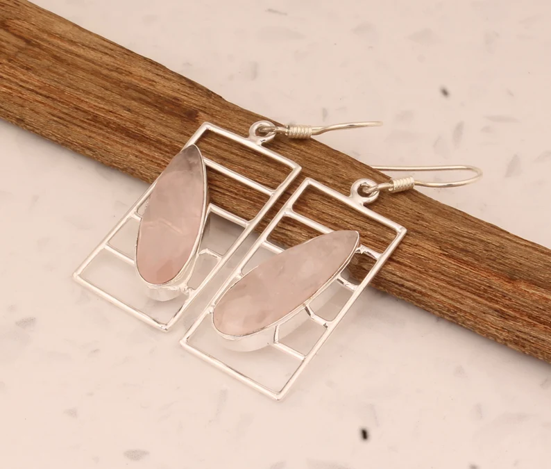 Rosenquarz Natur Sterlingsilber mit 925 gestempeltem Reinheitsgrad Tropfenohrringe für Frauen handgefertigte Birnenstein-Ohrringe Geschenke zum Muttertag