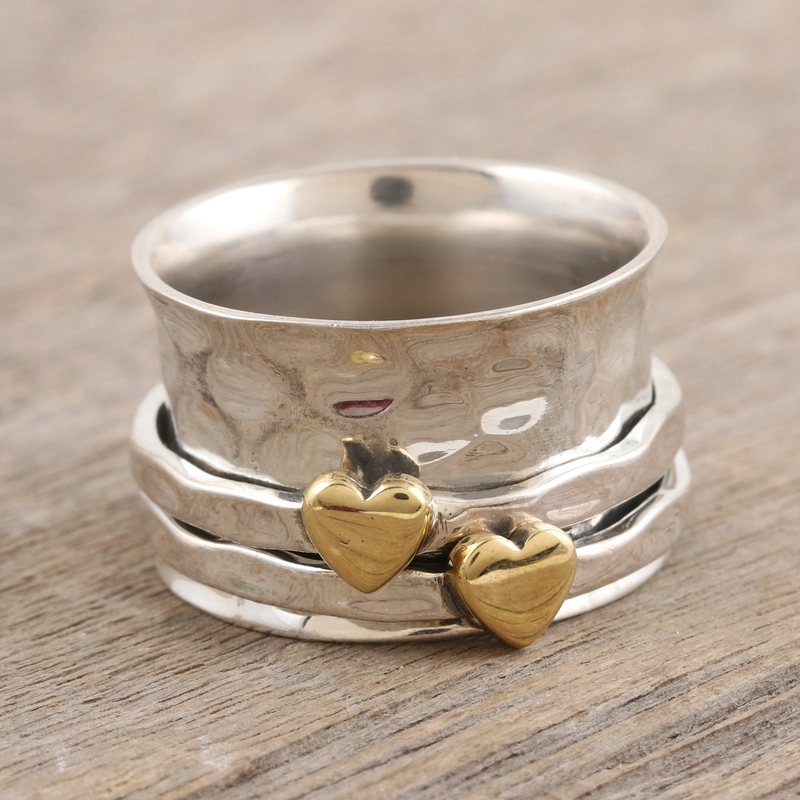 Meditations-Spinner-Ring aus Sterlingsilber und Messing, handgefertigt, Designer-Ring aus 925er Sterlingsilber mit zwei Herzen
