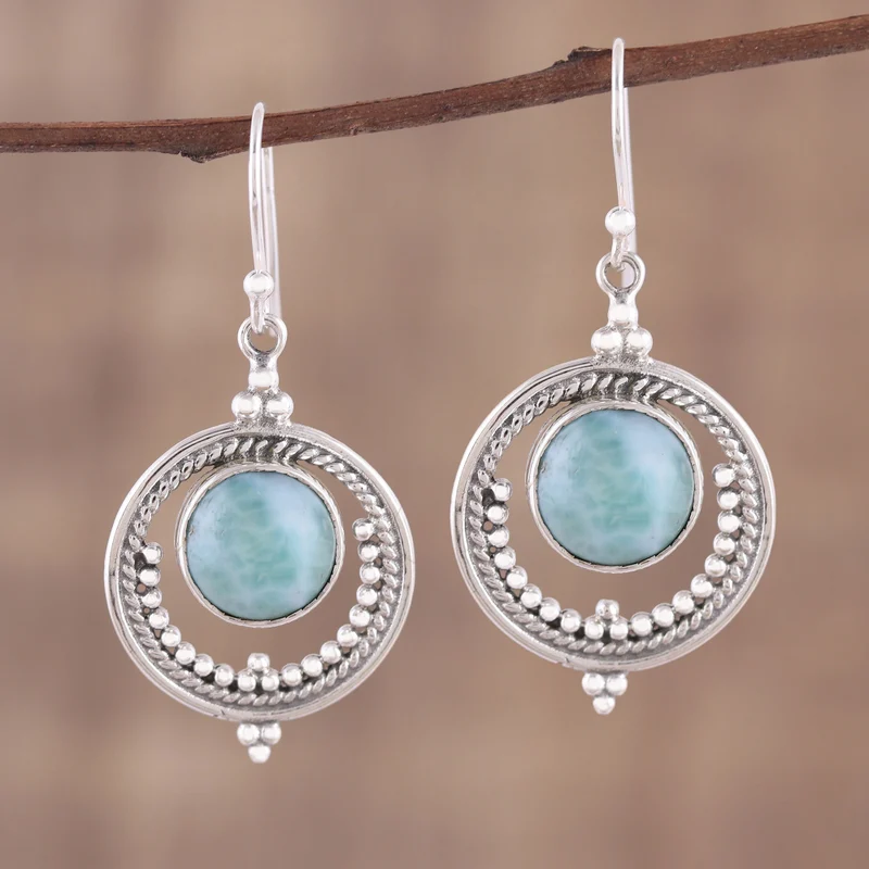 Larimar und Sterlingsilber Ohrhänger Edelstein-Ohrringe Handgefertigte Boho-Ohrringe Geschenk für Sie